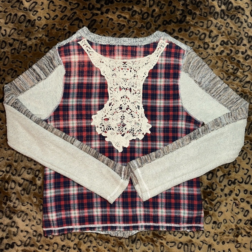 BKE Boutique Mixed Knit Plaid Lined Cardigan Sweater Small
